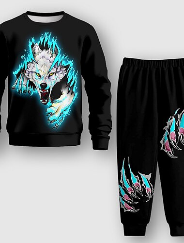  Da ragazzo 3D Lupo Set felpa e pantaloni della tuta Set Manica lunga Stampa 3D Autunno Inverno Attivo Di tendenza Fantastico Bambino 3-12 anni Girocollo Esterno Da mare Strada Standard