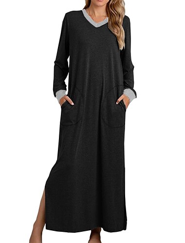  Damen-Schlafanzug, Nachthemd, Nachthemdkleid, Patchwork, schlicht, lässig, weich, für zu Hause, Alltagsbett, Elasthan, warm, atmungsaktiv, V-Draht, lange Ärmel, Tasche, Sommer, Frühling, Heim-Outfits