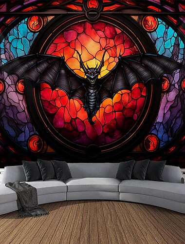  halloween glas-in-lood vleermuis hangend tapijt kunst aan de muur groot tapijt muurschildering decor foto achtergrond deken gordijn thuis slaapkamer woonkamer decoratie halloween decoraties