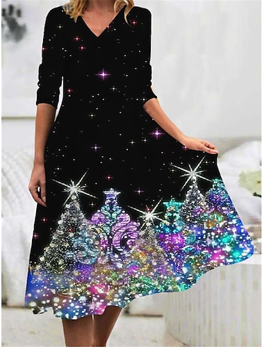  γυναικείο χριστουγεννιάτικο φόρεμα εργασίας casual φόρεμα swing φόρεμα μόδας χειμερινό φόρεμα καθημερινό midi φόρεμα print v λαιμό μακρυμάνικο δέντρο ombre κανονική εφαρμογή ασημί μπλε φθινόπωρο