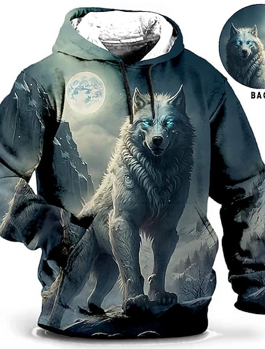  Per uomo Animale Lupo Stampe Grafiche Felpa con Cappuccio Felpe con cappuccio Felpa Quotidiano Classico Casual Manica Lunga Con Cappuccio Ferie Uscire Abbigliamento casual alla moda Blu Marrone Verde