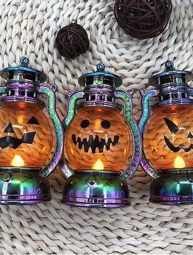  Halloween-Dekoration, Kürbislampe, Retro-Kleinöllampe, elektronische LED-Kerze, tragbare Kürbislampe, Galvanik-Magie, Farbsturmlaterne