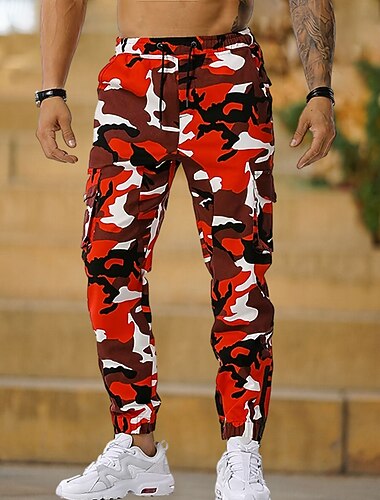  Per uomo Pantaloni cargo Jogging Pantaloni mimetici Tasche Mimetico Comfort Traspirante Esterno Giornaliero Per uscire Misto cotone Di tendenza Informale Bianco Rosso