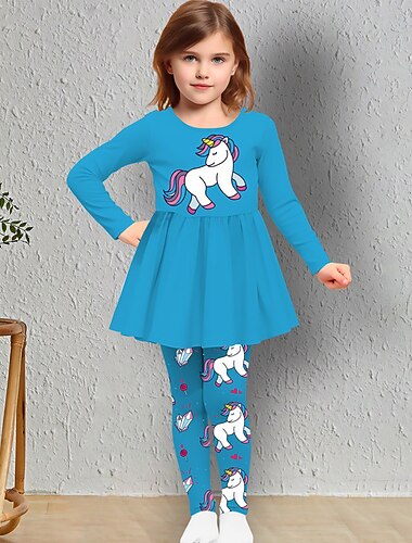  Chica 3D Unicornio Camiseta y mallas Conjunto de vestido con volantes Manga Larga Impresión 3D Otoño Invierno Activo Moda Diario Niños 3-12 años Exterior Vacaciones Cita Ajuste regular