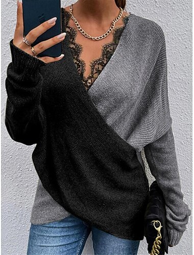  Mujer Suéter de punto Elegante Casual Suave Color sólido Estriado Escote en Pico Retazos Cruzado Ajuste de encaje Manga Larga Tops regulares Tejer Diario Noche Fin de semana Blanco Caqui Otoño