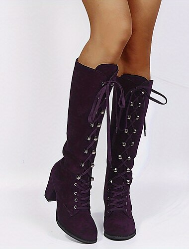  Schwarze kniehohe Schnürstiefeletten mit Blockabsatz für Damen – elegant und trendig für Herbst und Winter, ideal für die Freizeit, Partys und Abende