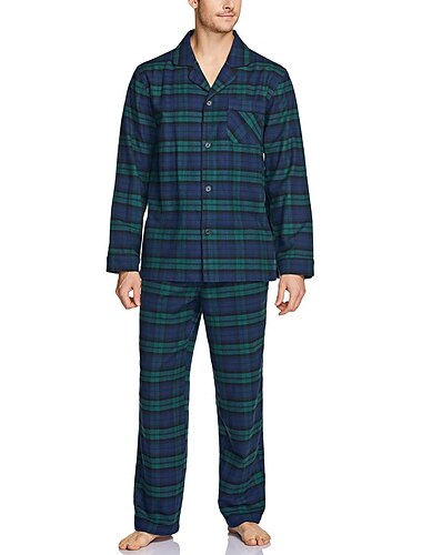  Herren Hausanzug Schlafanzüge Schlafanzug Set Pyjama-Oberteil und Hose 2 Stück Plaid Stilvoll Brautkleider schlicht Komfort Heim Täglich Baumwolle Komfort Kargen Langarm Hemd Hose Kordelzug