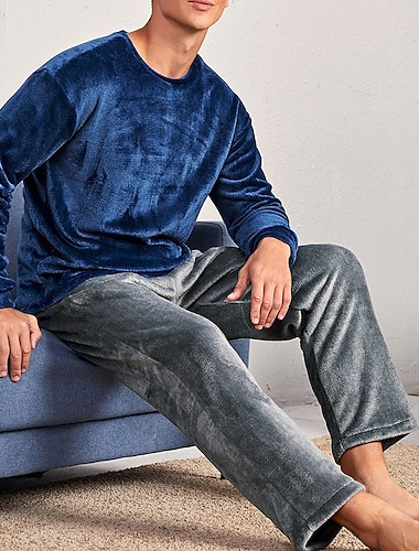  Hombre Ropa de salón Pijama Conjunto pijama Top y pantalón de pijama 2 Piezas Plano Elegante Casual Confort Hogar Diario Franela Comodidad Cuello Barco Manga Larga Pullover Pantalón Cintura elástica