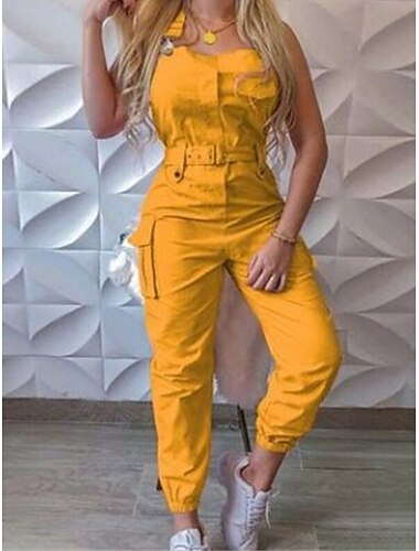  Damen Overall mit Tasche, hohe Taille, einfarbig, quadratischer Ausschnitt, aktiv, Straße, Weihnachten, Alltag, normale Passform, ärmellos, schwarz, gelb, rosa, S, M, L, Herbst