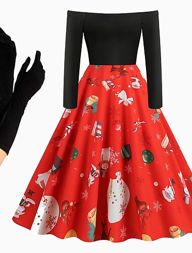  1950er Weihnachtsfackel Midlänge Knielang Kleid Weihnachtskleid Abschlussballkleid Santa Anzug Schulterfrei Blumendruck Weihnachten Druck Ballkleid Damen Weihnachten Maskerade Weihnachten