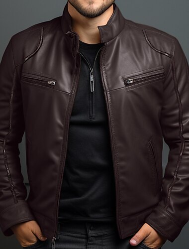  Men's Leather Jacket Motorcycle Jacket Outdoor Daily Wear Warm Pocket Fall Winter Plain Fashion Streetwear Stand Collar Regular Black Brown Jacket