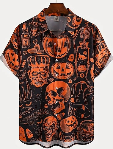  Halloween Skeleton Skull Pumpkin Hawaiian Shirts Aloha Shirt Print Shirt For Men's Adults' 3D Print Vacation Party Halloween