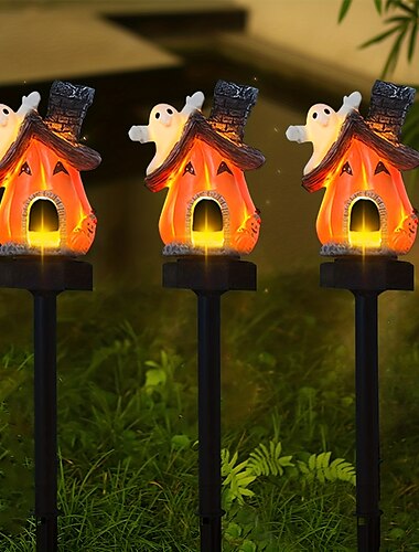  3-teiliges LED-Solar-Kürbishaus-Dekoration, leuchtendes Halloween-Kürbishaus-Dekorationszubehör für die Außendekoration