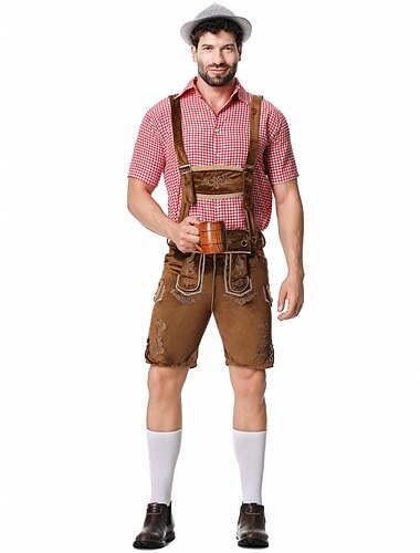  Oktoberfestbier Kostüm Lederhosen Hemd Bayerisch Bayerisch Deutsch Wiesn Herren Stoff im traditionellen Stil Bluse Shorts Hut