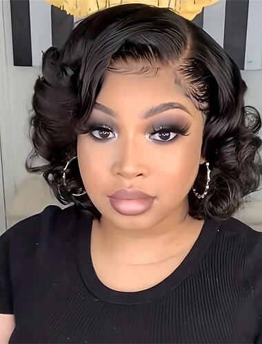  Pelucas sintéticas Rizado Corte asimétrico Peluca Corta Negro Pelo sintético Mujer Diseños de Moda Suave Natural Negro