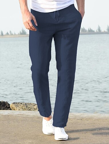  Herren Leinenhose Hose Hosen Sommerhosen Strandhose Freizeithose Kordelzug Elastische Taille Glatt Atmungsaktiv Leichtgewichtig In voller Länge Yoga Casual Täglich Basic Schwarz Weiß