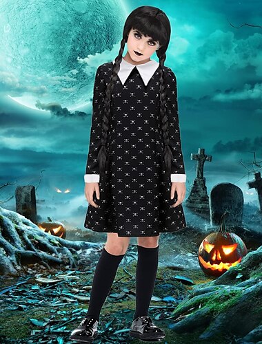  Quarta-feira Addams família Addams Quarta-feira Vestidos Perucas cosplay Góticas Cosplay filme for Para Meninas Crianças Baile de Máscaras