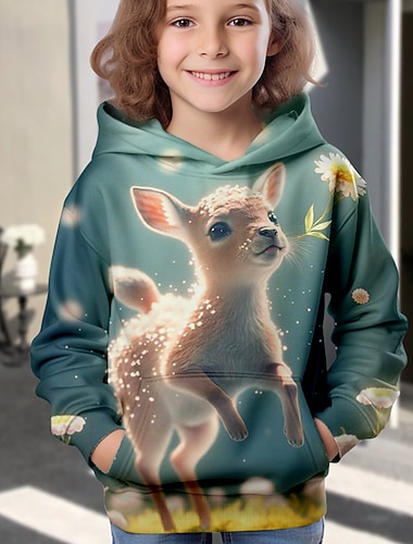  Chica 3D Animal Caricatura Venados Sudadera de Navidad Sudadera Pullover Manga Larga Impresión 3D Otoño Invierno Activo Moda Estilo lindo Niños 3-12 años Exterior Casual Diario Ajuste regular