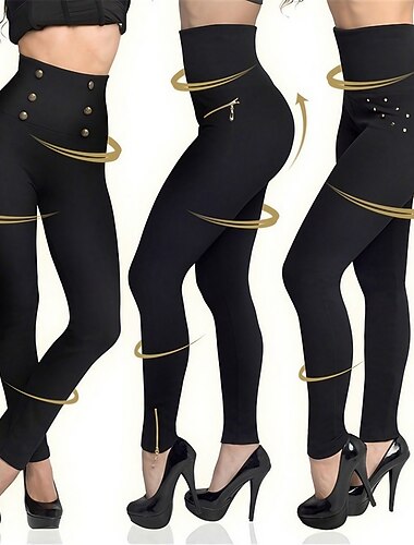  Mulheres Leggings Leggings aconchegantes Moda Simples Comprimento total Cintura Alta Côr Sólida Zíper Butt Lift Macio Confortável Micro-Elástica Casual Diário Feriado Diamante Zíper Botão Outono