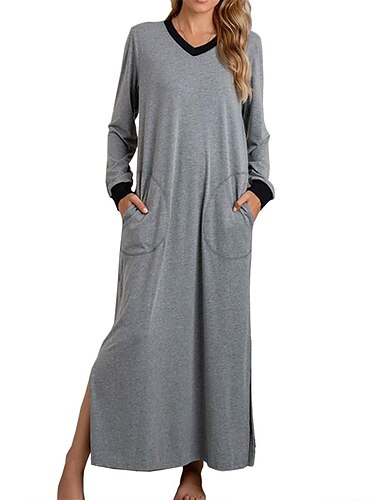  Damen-Pyjama, Nachthemd, Nachthemd, Kleid, Patchwork, einfach, lässig, weich, für Zuhause, Alltag, Bett, warm, atmungsaktiv, V-Draht, Langarm, Tasche, Sommer, Frühling, Armeegrün, Schwarz