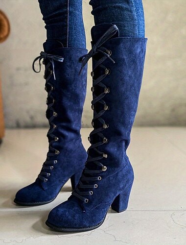 bottes bleues à lacets aux genoux pour femmes avec talons blocs pour la mode et les vêtements décontractés