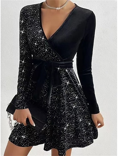  dames zwarte jurk fluwelen jurk pailletten jurk fluwelen pailletten glitter v-hals lange mouw mini jurk winterjurk zwart rood herfst winter