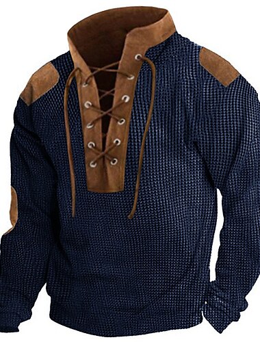  男性用 Tシャツ ヘンリーシャツ ワッフルニットTシャツ ティートップ 長袖シャツ カラーブロック スタンド ストリート バケーション 長袖 パッチワーク 衣類 ファッション デザイナー ベーシック