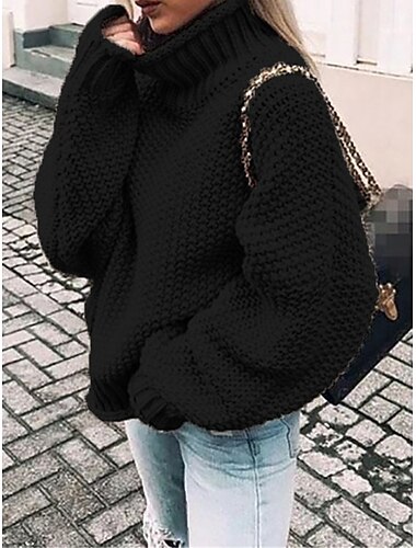  Damskie Sweter sweter Elegancki Codzienny Miękkie Jednokolorowe Prążkowany Golf Ponadgabarytowych Długi rękaw Zwykłe topy Robić na drutach Codzienny Wyjściowe Weekend Czarny Rumiany róż Jesień Zima