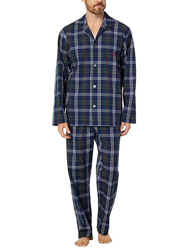  Herren Hausanzug Schlafanzüge Schlafanzug Set Pyjama-Oberteil und Hose 2 Stück Plaid Stilvoll Brautkleider schlicht Komfort Heim Täglich Baumwolle Komfort Kargen Langarm Hemd Hose Kordelzug