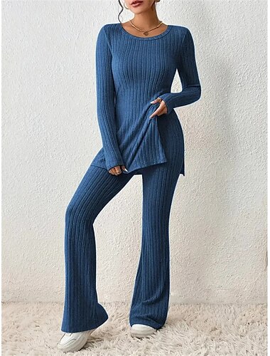  Loungewear-Sets für Damen in reinen Farben, modisch, bequem, weich, für zu Hause, für den Alltag, atmungsaktiv, Rundhalsausschnitt, langärmelig, Pullover, Hose, Herbst-Winter-Home-Outfits