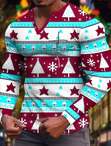  karácsony férfi karácsonyi jelenet Henley póló grafikus fa divattervező alkalmi 3d print Henley gofri sportok szabadtéri ünnep fesztivál sárga piros kék hosszú ujjú Henley tavasz &amp;  esik