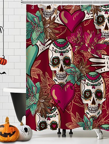  Halloween-Geister-Duschvorhang mit Haken, Badezimmer-Dekor, wasserdichtes Stoff-Duschvorhang-Set mit 12 Kunststoff-Haken