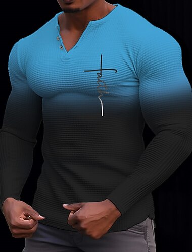  رجالي الرسم أحرف إيمان قميص هينلي وافل تي شيرت كم طويل طباعة ثلاثية الأبعاد موضة مصمم كاجوال رياضة في الهواء الطلق مناسب للعطلات مهرجان ربيع & الصيف أزرق أصفر برتقالي أخضر رمادي غامق هينلي