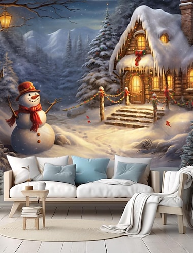  kerstversiering hangend wandtapijt sneeuwpop sneeuw winter wonderland wandkunst kerstmis groot wandtapijt muurschildering decor foto achtergrond deken gordijn huis slaapkamer woonkamer decoratie