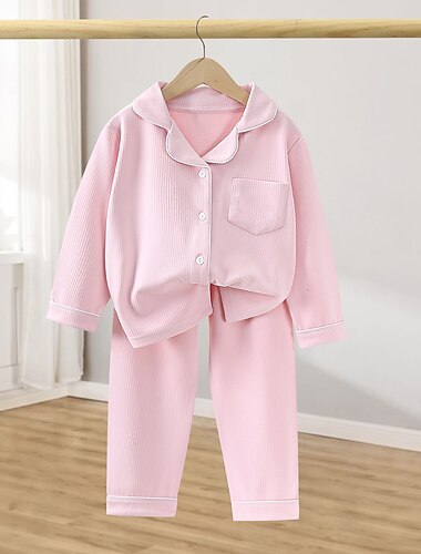  kinderkleidung Mädchen Pyjama-Sets Langarm SY01-Pyjama hellrosa Gelb Hellgrün Feste Farbe Taste Frühling Herbst Aktiv Heim 7-13 Jahre