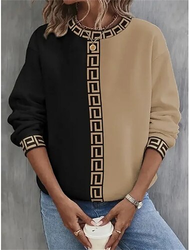  Sudadera para mujer, jersey con bloques de color, ropa deportiva informal, ropa deportiva activa, cuello redondo, manga larga, top microelástico, caída&amp;Tejido suave, transpirable y cómodo para el