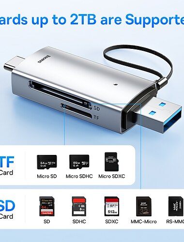  устройство чтения карт Baseus USB C & USB3.0 к SD Micro SD TF устройство для карт памяти 104 МБ/с 2 ТБ смарт-картридер для аксессуаров для ноутбуков