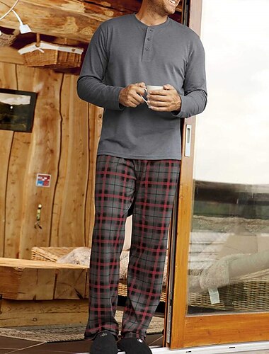  Herren Hausanzug Schlafanzüge Schlafanzug Set Pyjama-Oberteil und Hose 2 Stück Plaid Stilvoll Brautkleider schlicht Komfort Heim Täglich Baumwollmischung Komfort Henley Langarm T Shirt Hose Kordelzug