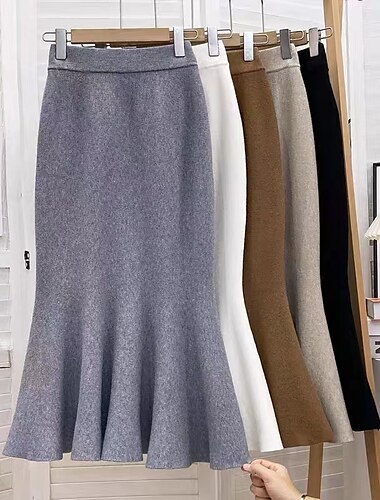  Dames Rok Trompet / zeemeermin  Midi Hoge taille Rokken Gebreid Effen Straat Dagelijks Winter Nylon Elegant Modieus Koffie kleur havermout kleur Zwart Wit