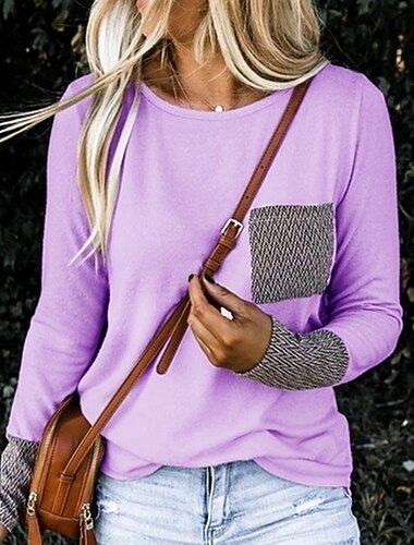  Dame T skjorte عادي Grunnleggende Langermet Rund hals Vanlige topper Daglig Helg Trykt mønster Svart Rosa Blå Lilla Vår & Vinter