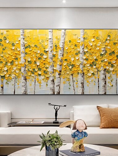  Pintura al óleo hecha a mano lienzo arte de la pared decoración original árbol amarillo textura árboles en su totalidad para la decoración del hogar con marco estirado sin pintura de marco interior