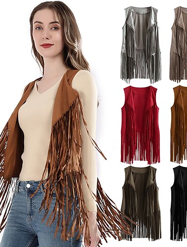  Retrò Vintage Anni '70 Gilet in camoscio Senza maniche Hippie Frangia con nappe Tinta unita Per donna Festa / Sera Parata dell'Orgoglio Mese dell'orgoglio Adulti Top