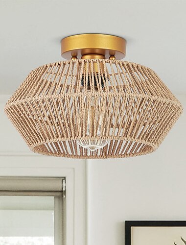  Plafoniera da semi-incasso in rattan con baldacchino in ottone, lampada da semi-incasso da 11 pollici con paralume in corda intrecciata a mano, plafoniera bohémien per corridoio, camera da letto,