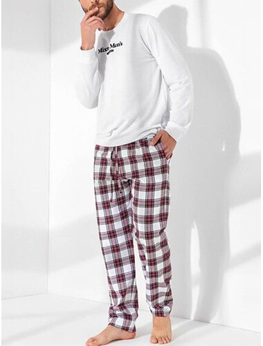  Herren Hausanzug Schlafanzüge Schlafanzug Set Pyjama-Oberteil und Hose 2 Stück Plaid Stilvoll Brautkleider schlicht Komfort Heim Täglich Baumwollmischung Komfort Rundhalsausschnitt Langarm T Shirt