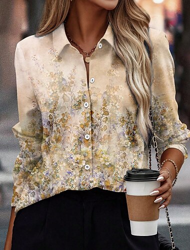  Chemise Femme Mode Imprimé Floral Boutons Manches Longues Tops Réguliers Col Casual Vacances Bleu Vert Kaki Printemps  Automne