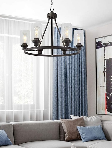  boerderij kroonluchter 6 licht 25" zwarte vrachtwagenwiel hanglamp rond keukeneiland lamp voor eetkamer keuken slaapkamer woonkamer foyer hal 110-240v
