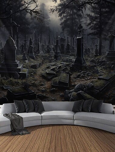 Halloween Friedhof hängender Wandteppich Wandkunst Großer Wandteppich Wanddekor Fotohintergrund Decke Vorhang Wohn- Schlafzimmerdekoration