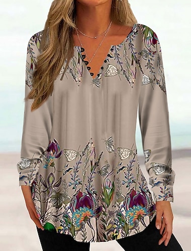  Damen Tunika Hemd Henley Shirt Bluse Tunika Basic Floral Knöpfe Druck Langarm Reguläre Tops Rundhals Casual Feiertag Blau Fuchsia Braun Khaki Frühling Herbst