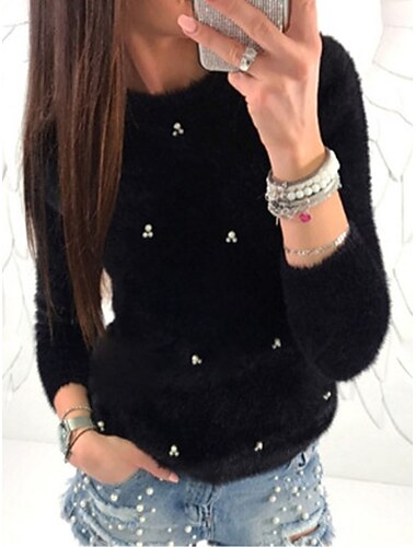  Dames Trui Stijlvol Casual Zacht Effen Kleur Geribd Strakke ronde hals kralen Lange mouw Normale tops breien Buiten Dagelijks Uitgaan Zwart Wit Herfst Winter