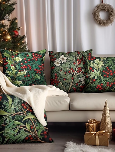  Funda de almohada de doble cara con diseño de acebo navideño, 1 unidad, funda de cojín cuadrada decorativa suave de Navidad, funda de almohada para dormitorio, sala de estar, sofá, silla